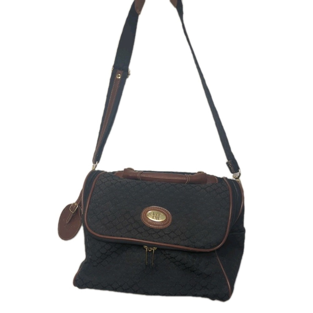 Diane von Furstenberg DVF Black Woven Shoulder Bag Brown Trim Crossbody Purse‎